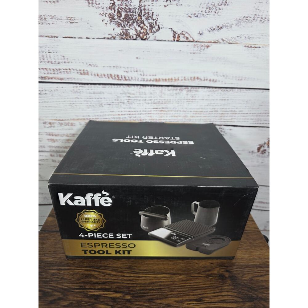 Kaffe 4-Piece Espresso Tool Kit -Scale, Knock Box, Pitcher & Tamping Mat, NEW